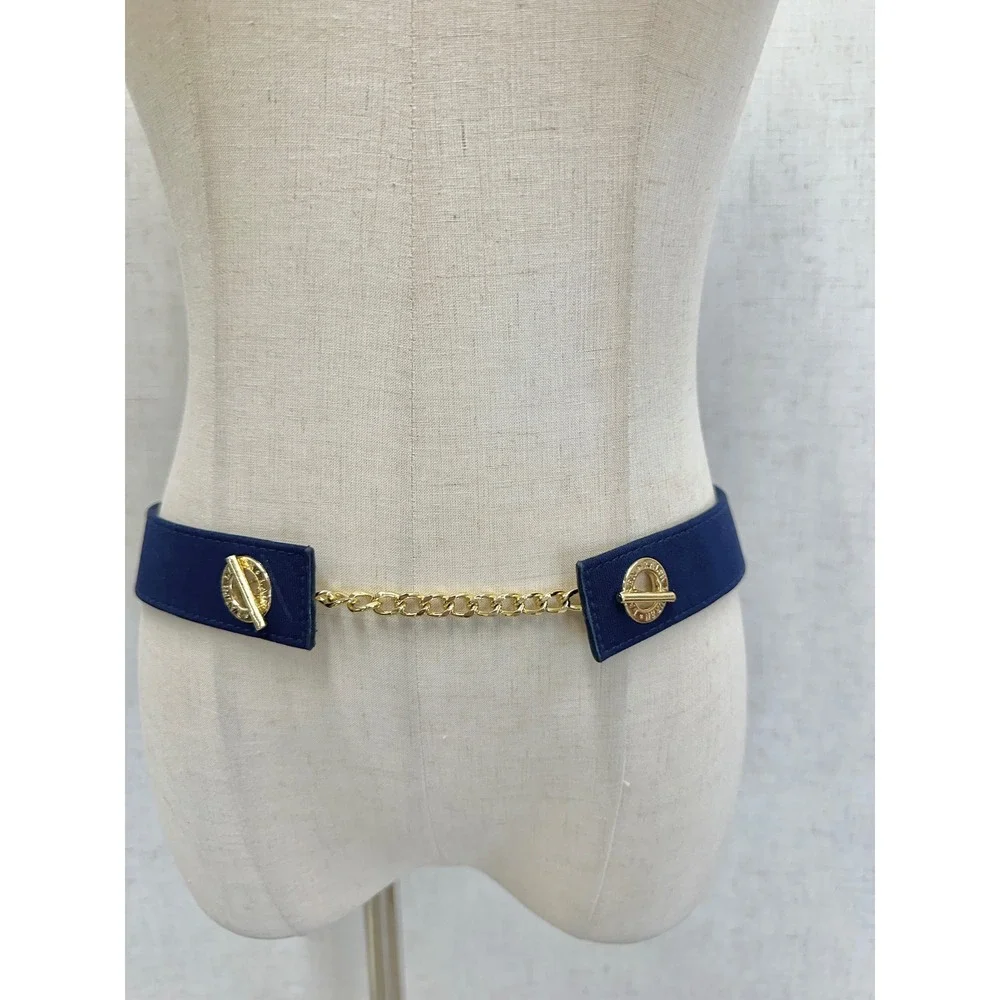 Ralph‎ Lauren Navy Blue Grosgrain Gold Chain Toggle Belt One Size Adjustable
